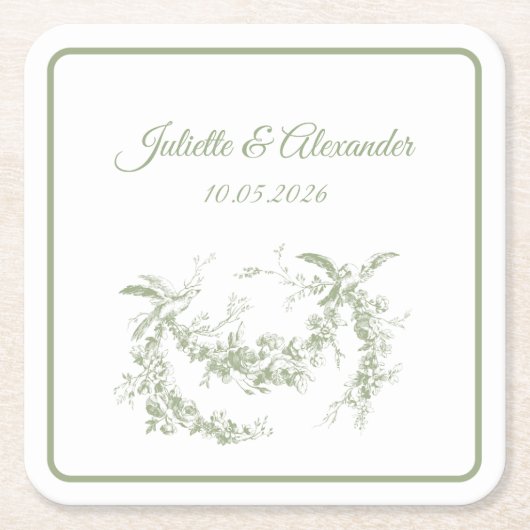 Olive Green Toile de Jouy Wedding Paper Coasters スクエアペーパーコースター (正面)