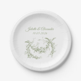 Olive Green Toile de Jouy Wedding Paper Plates ペーパープレート