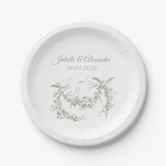 Olive Green Toile de Jouy Wedding Paper Plates ペーパープレート (正面)