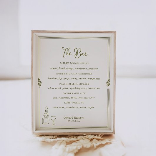 Olive Green Tuscan Elegant Bar Menu Sign ポスター