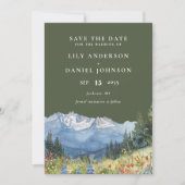 Olive Green Watercolor Mountain Photo Wedding セーブザデート (正面)