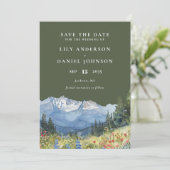 Olive Green Watercolor Mountain Wildflower Wedding セーブザデート (スタンド正面)