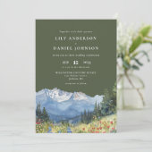 Olive Green Watercolor Mountain Wildflower Wedding 招待状 (スタンド正面)