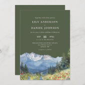 Olive Green Watercolor Mountain Wildflower Wedding 招待状 (正面/裏面)