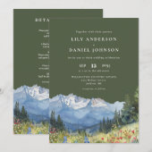 Olive Green Watercolor Mountain Wildflower Wedding 招待状 (正面/裏面)