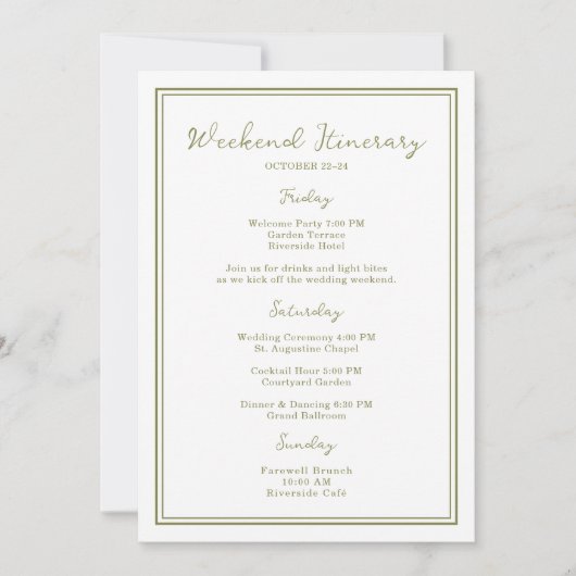 Olive Green Wedding Weekend Itinerary Card 招待状 (正面)