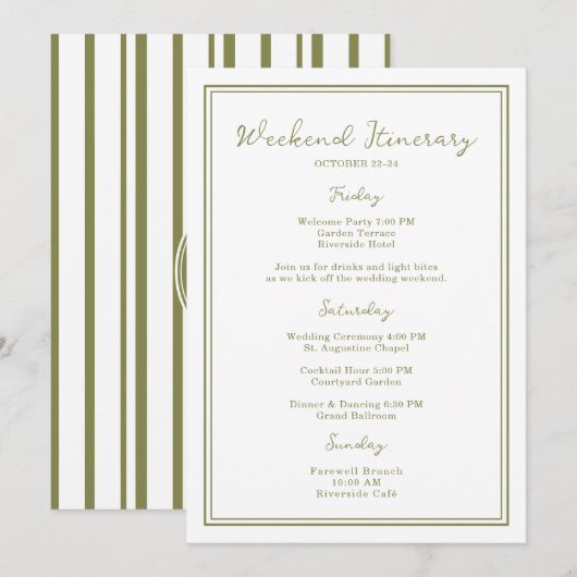 Olive Green Wedding Weekend Itinerary Card 招待状 (正面/裏面)