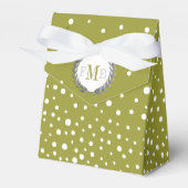 Olive green, white polka dot pattern wedding fav フェイバーボックス (正面サイド)