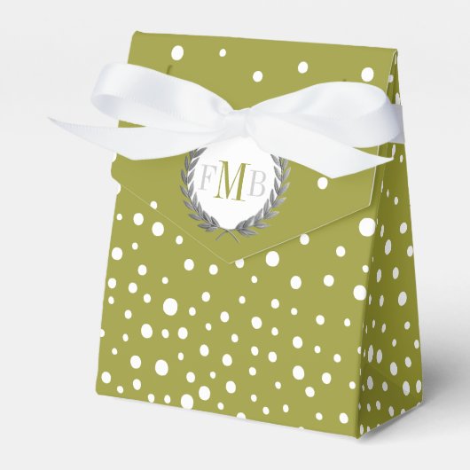 Olive green, white polka dot pattern wedding fav フェイバーボックス (正面サイド)