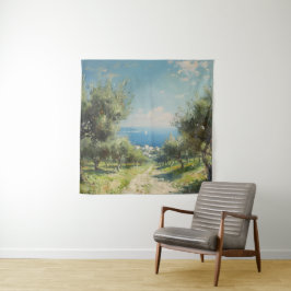 Olive Grove with Coastal Village and Sea タペストリー