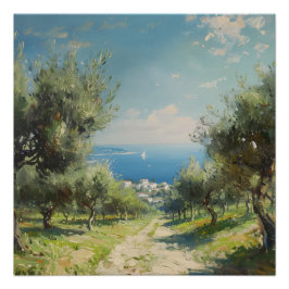 Olive Grove with Coastal Village and Sea ポスター