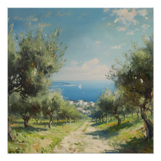 Olive Grove with Coastal Village and Sea ポスター