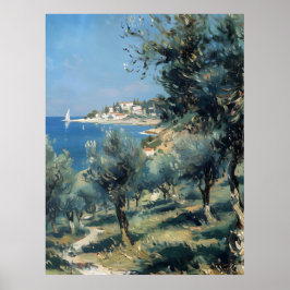 Olive Grove with Coastal Village and Sea ポスター