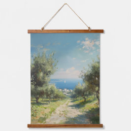 Olive Grove with Coastal Village and Sea 吊り下げ型タペストリー