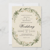 Olive Leaf Wreath Floral Wedding 招待状 (正面)