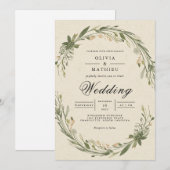 Olive Leaf Wreath Floral Wedding 招待状 (正面/裏面)