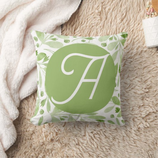 Olive Leaves and Initial Throw Pillow クッション (ブランケット)