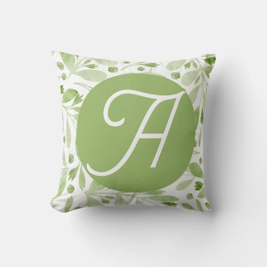 Olive Leaves and Initial Throw Pillow クッション (正面)