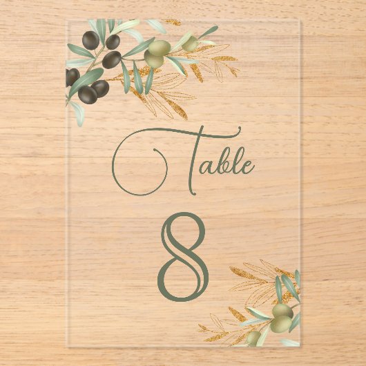 Olive Leaves Branch Wedding Acrylic Table Number アクリル招待状 (正面)