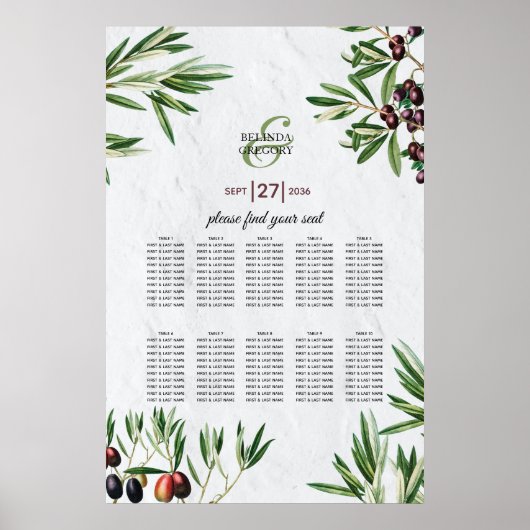 Olive Leaves Greek Island Wedding Seating Chart ポスター (正面)