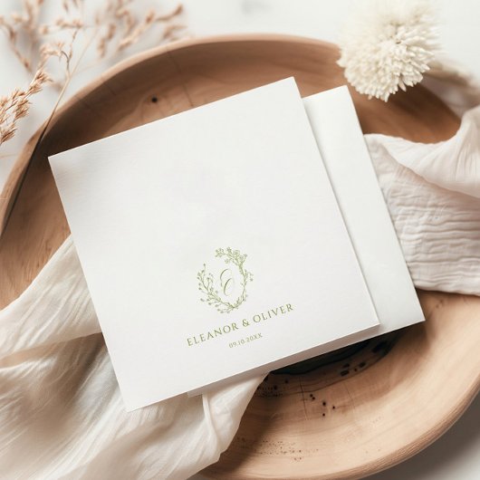 Olive Line Art Floral Crest Wedding  スタンダードカクテルナプキン