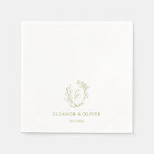 Olive Line Art Floral Crest Wedding  スタンダードカクテルナプキン (正面)