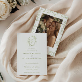 Olive Line Art Floral Monogram Crest Wedding セーブザデート