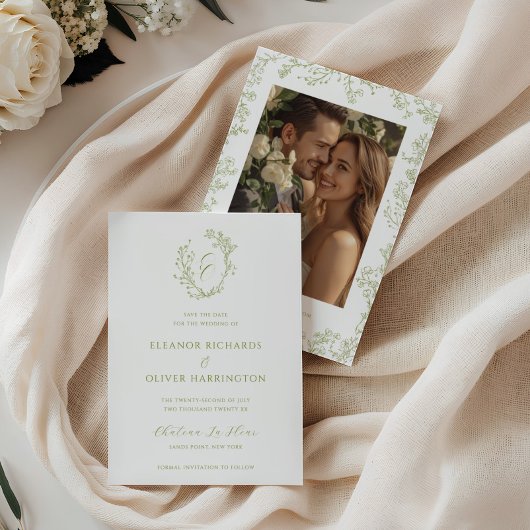 Olive Line Art Floral Monogram Crest Wedding セーブザデート