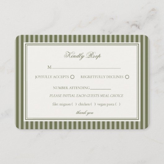 Olive Martini Green Old Money Striped Wedding RSVP エンクロージャーカード (正面)