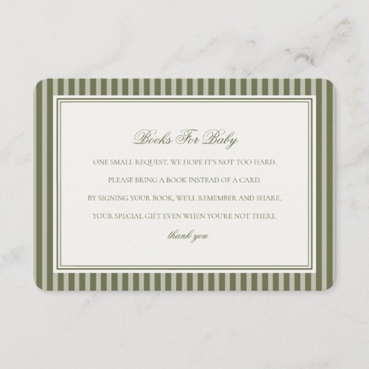 Olive Martini Green Striped Books For Baby Shower エンクロージャーカード (正面)