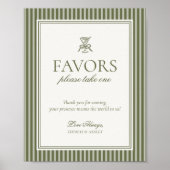 Olive Martini Green Striped Wedding Favors Sign ポスター (正面)