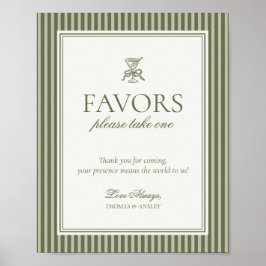 Olive Martini Green Striped Wedding Favors Sign ポスター