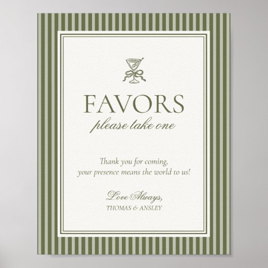 Olive Martini Green Striped Wedding Favors Sign ポスター (正面)