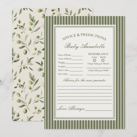Olive Martini Striped Green Advice for Baby Card 招待状 (正面/裏面)