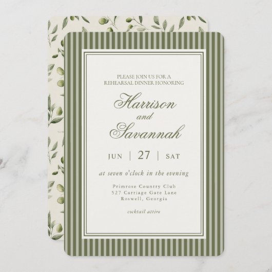 Olive Martini Striped Old Money Rehearsal Dinner 招待状 (正面/裏面)