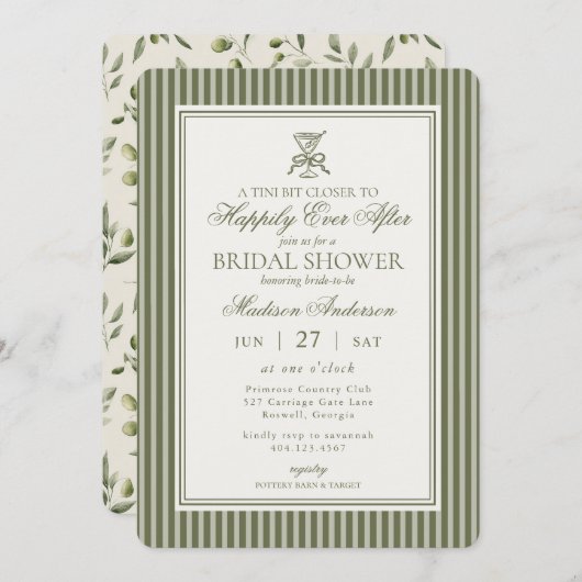 Olive Martini Tini Bit Closer Stripe Bridal Shower 招待状 (正面/裏面)