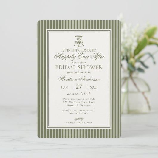 Olive Martini Tini Bit Closer Stripe Bridal Shower 招待状 (スタンド正面)