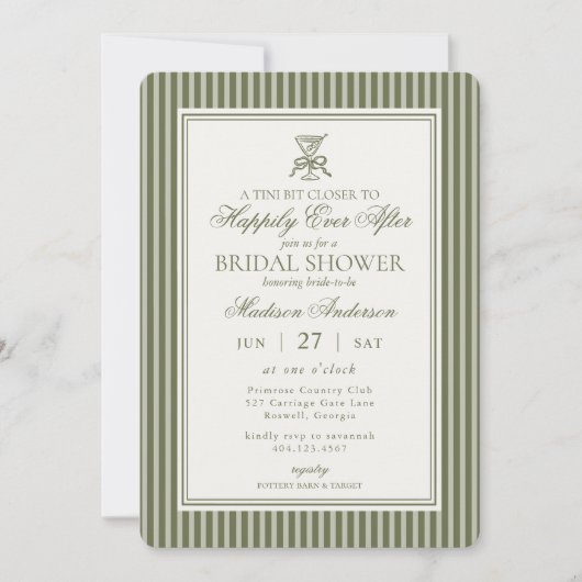 Olive Martini Tini Bit Closer Stripe Bridal Shower 招待状 (正面)