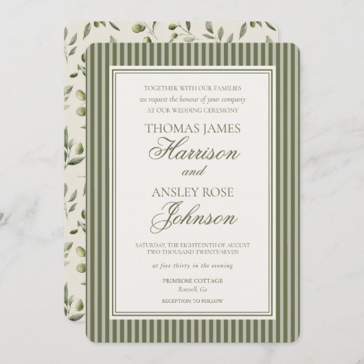 Olive Martini Tini Bit Closer Striped Wedding 招待状 (正面/裏面)