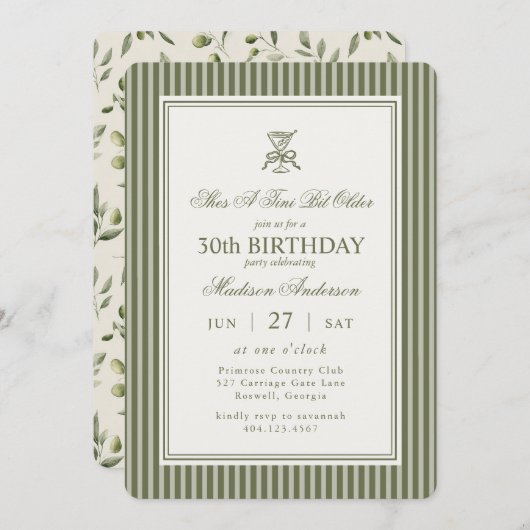 Olive Martini Tini Bit Older Striped Birthday 招待状 (正面/裏面)
