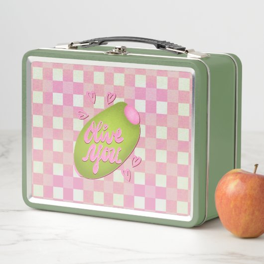 Olive Me Loves Olive You Retro Pink Check  メタルランチボックス (インサイチュ)