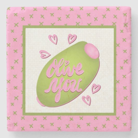 Olive Me Loves Olive You Retro Pink Olive Pattern ストーンコースター (正面)