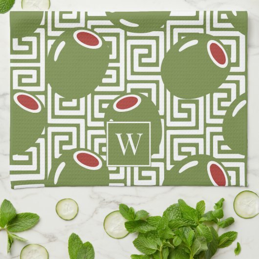 Olive Mediterranean Greek Key  キッチンタオル (折り畳み)