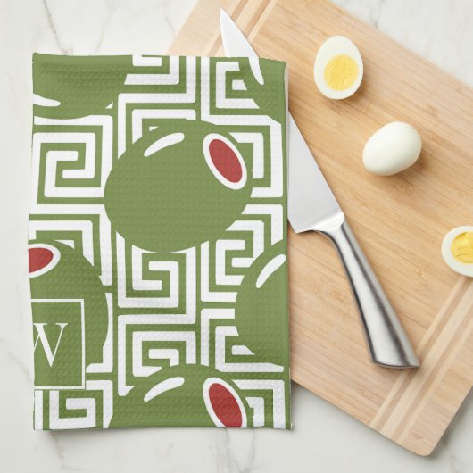 Olive Mediterranean Greek Key  キッチンタオル (四つ折り)
