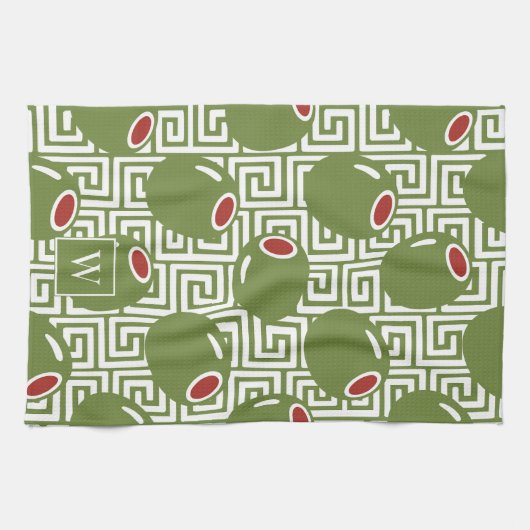 Olive Mediterranean Greek Key  キッチンタオル (横)