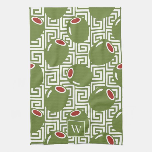 Olive Mediterranean Greek Key  キッチンタオル (縦)