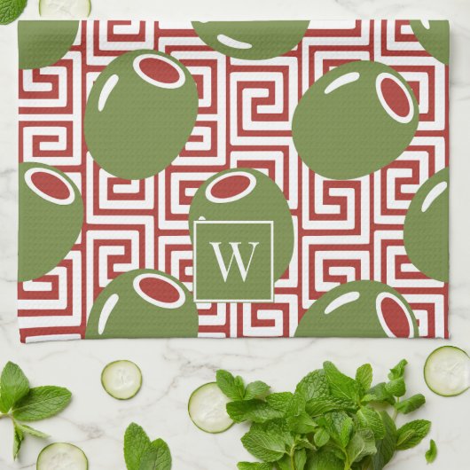 Olive Mediterranean Greek Key  キッチンタオル (折り畳み)