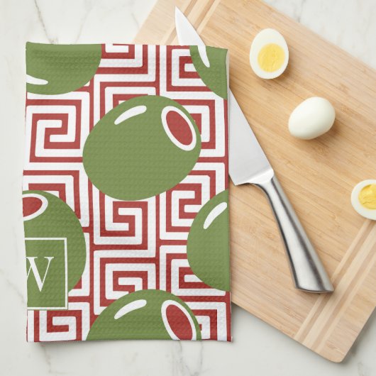 Olive Mediterranean Greek Key キッチンタオル (四つ折り)