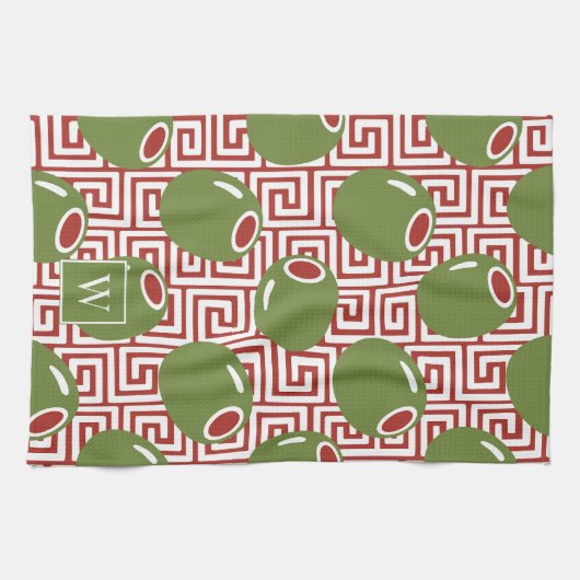 Olive Mediterranean Greek Key  キッチンタオル (横)