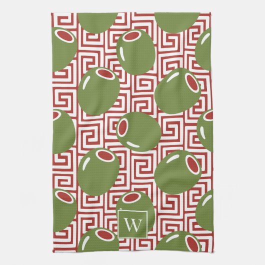 Olive Mediterranean Greek Key  キッチンタオル (縦)